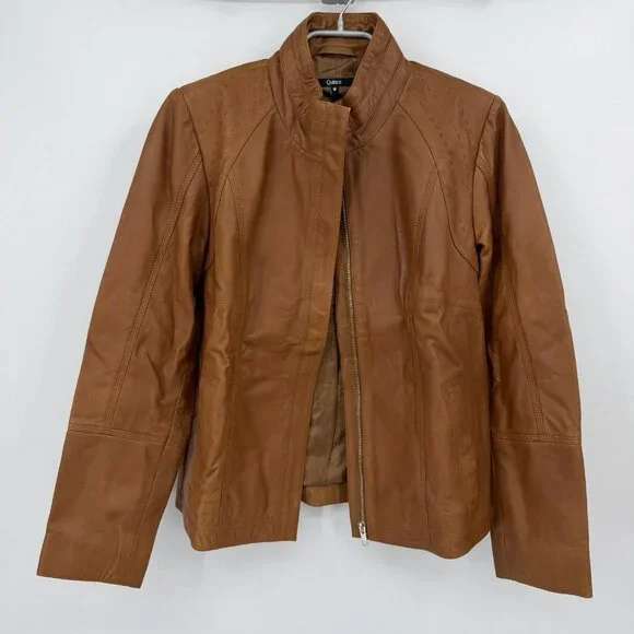 Quince 100% Leather Stand-Collar Jacket size M Women's in Cognac Brown Full Zip - Picture 13 of 16
